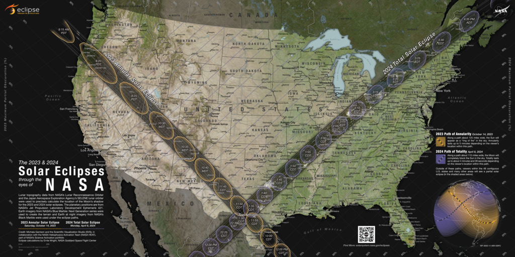 Solar eclipse paths for 2023 and 2024